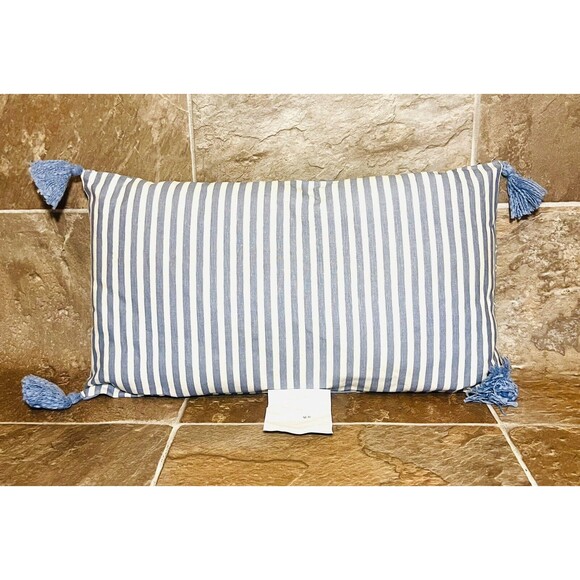 Blue and White Double Sided Lumbar Pillow Stripe Diamonds Tassels 10” x 18” New - Picture 3 of 7